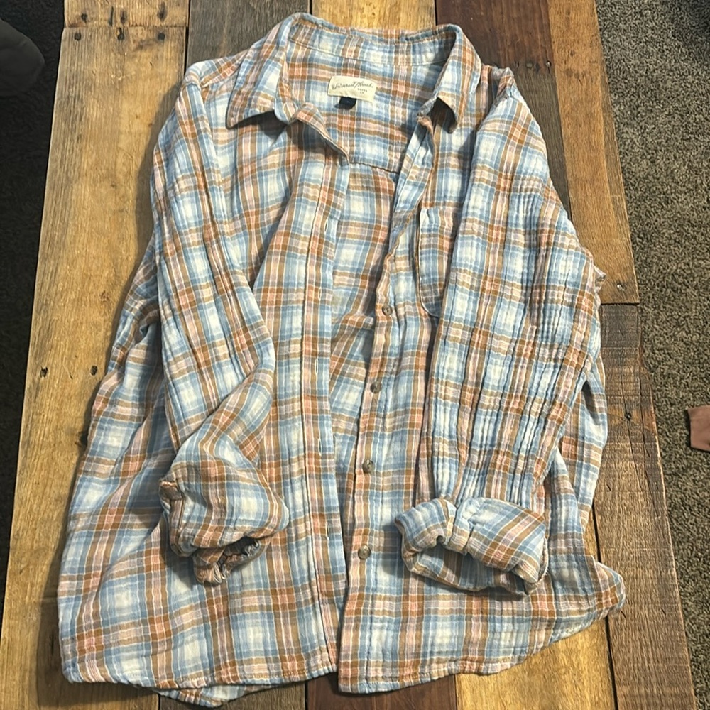 Blue and orange plaid button down